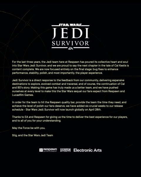 Star Wars Jedi: Survivor перенесли — игра выйдет 28 апреля Star Wars Jedi: Survivor перенесли — игра выйдет 28 апреля